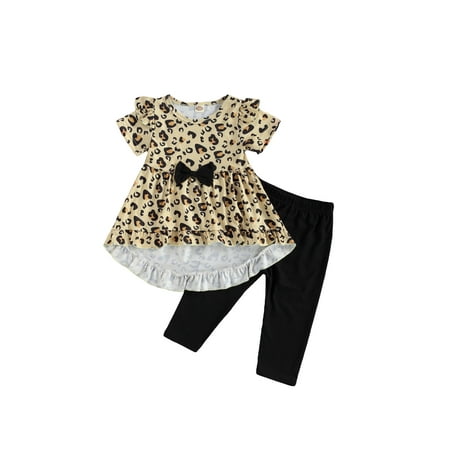 

Xiaoluokaixin 2Pcs Girl’s Leopard Short Sleeve T-shirt+Solid Color Trousers