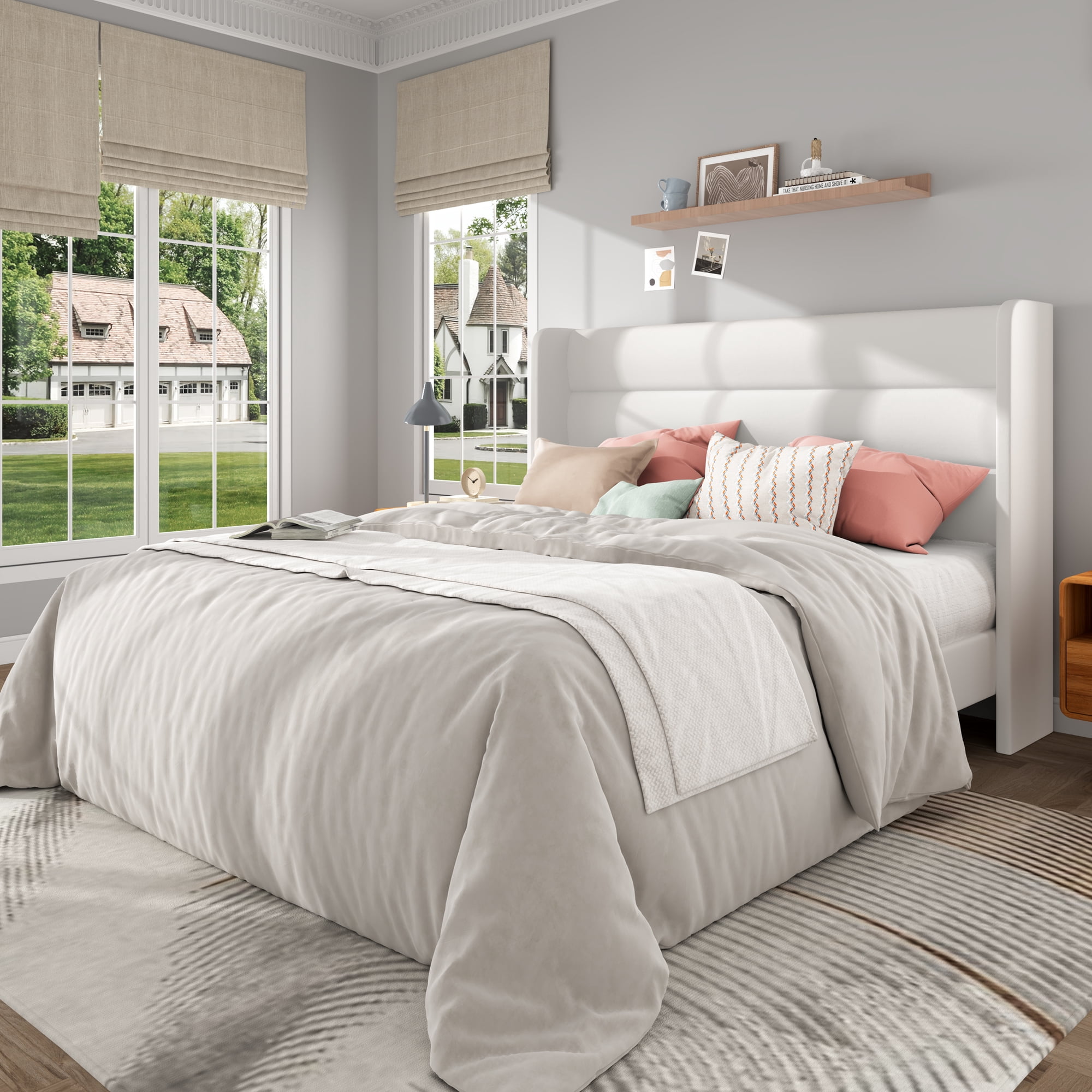 Frostbloom Queen Size Velvet Upholstered Platform Bed Frame with Wingback Headboard, No Box Spring Needed, White