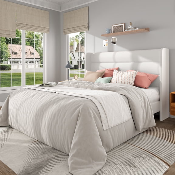 Frostbloom Queen Size Velvet Upholstered Platform Bed Frame with Wingback Headboard, No Box Spring Needed, White