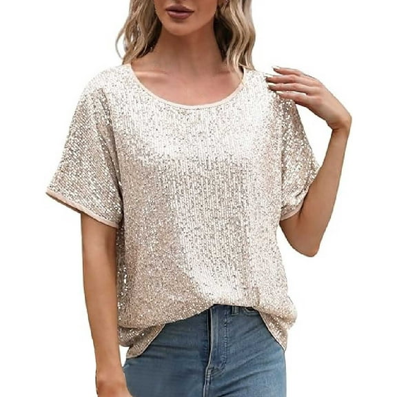 XIYON Blouse For Women Sequin Tops Sparkly Glitter Blouses Sequined Crew Neck Short Sleeve Shirts For Holiday Club Night Vacation Outfits