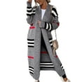 thumbnail image 2 of Women'S Vintage Open Front Knit Striped Long Sleeves Maxi Long Cardigan Sweater with Pockets Grey L, 2 of 6