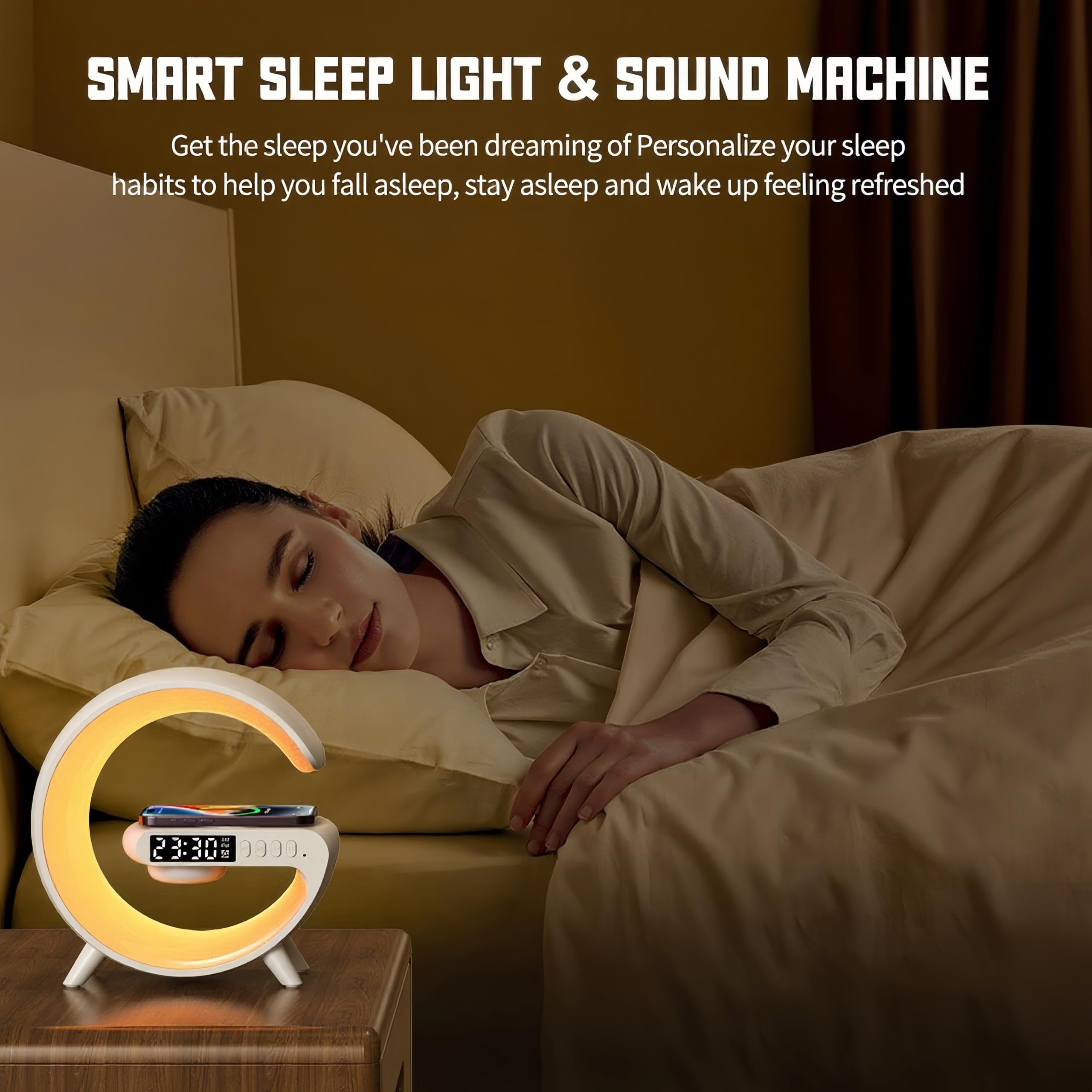 All-in-One Smart Bedside Lamp: 15W Fast Wireless Charger, Alarm Clock & Mood Light for Bedroom（Black）