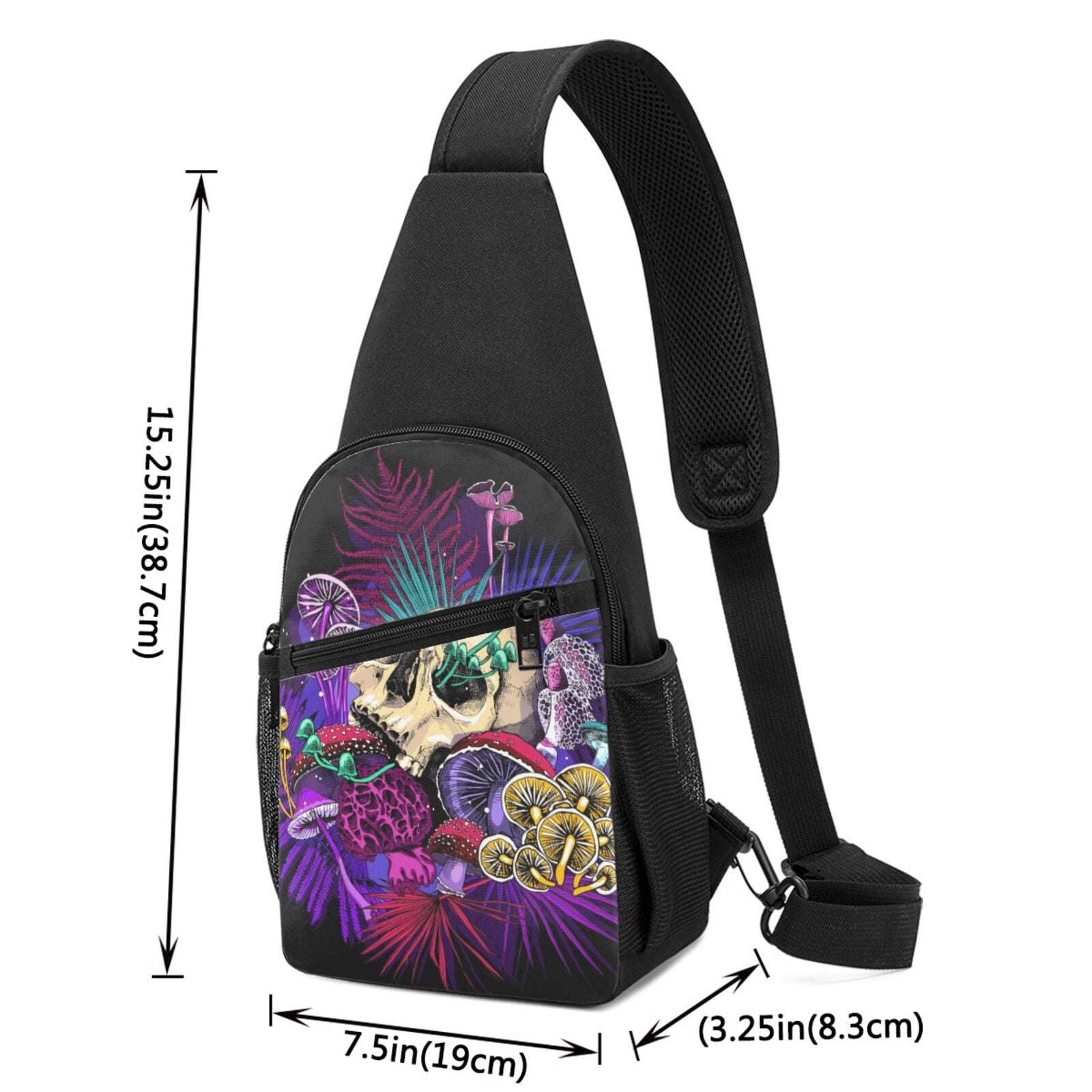 Xecao's Mushrooms and Skull Print Sling Bag: A Versatile Chest, Shoulder, and Crossbody Backpack for Casual Days Out, Perfect for Both Men and Women