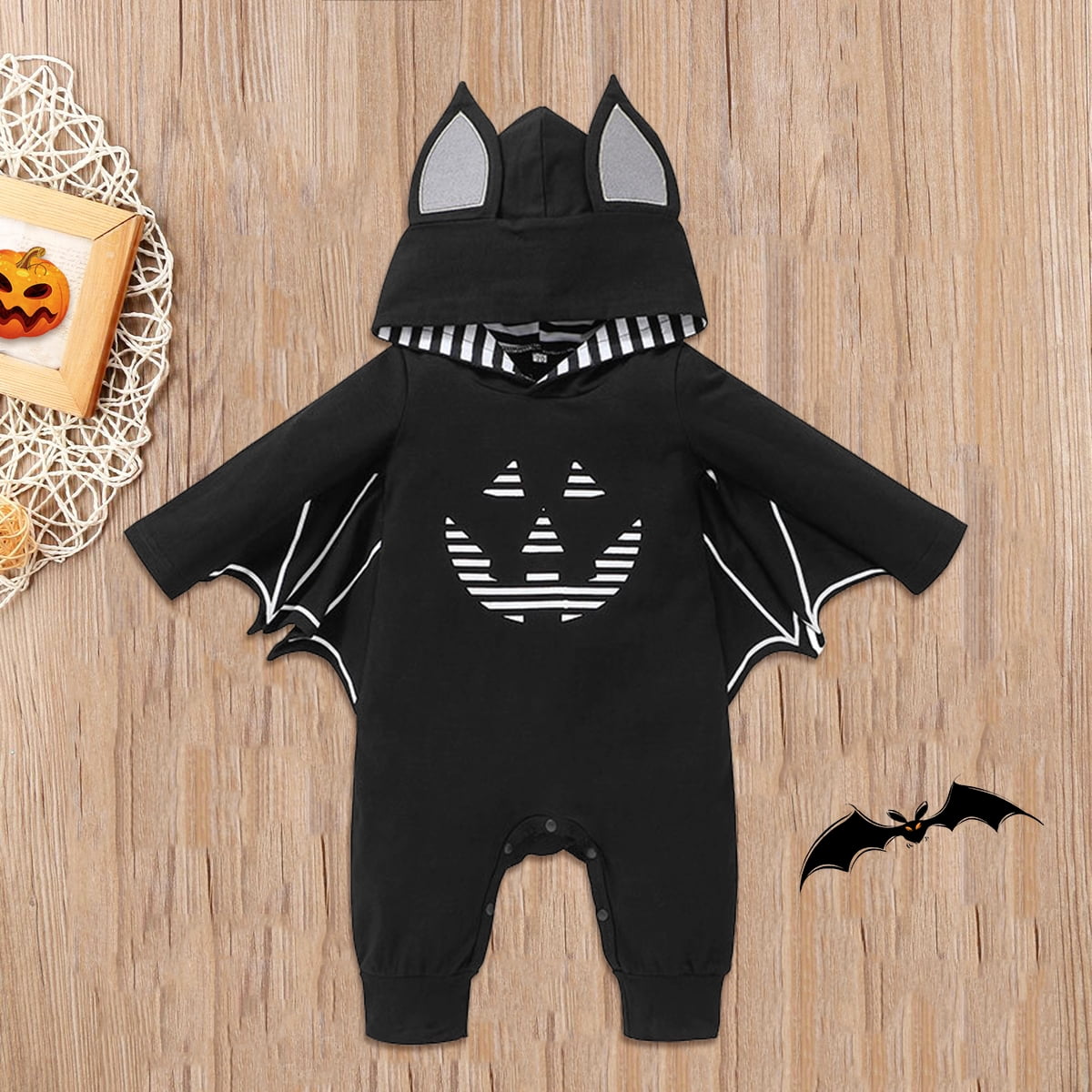 IBTOM CASTLE Newborn Baby Bat Costume Halloween Cosplay Cloak Romper with Wings Ears Hoodie My First Halloween Outfit for Boy Girl 2-3 Years Black Smile