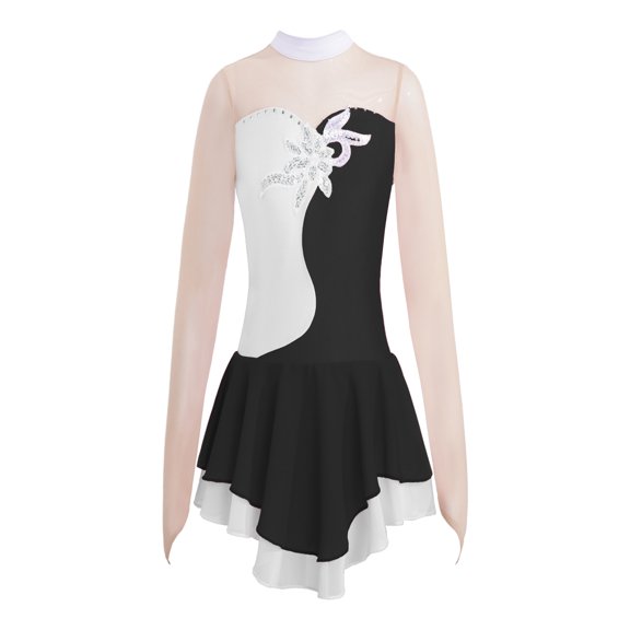 TiaoBug Girls Sequins Ballet Gym Dance Dress Skating Ruffle Irregular Hem Leotard for Stage Performance Costume