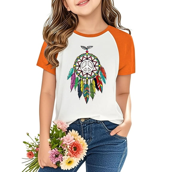 Favoffer Boys And Girls Orange Festival Short Sleeve Shirts Western Aztec Print Fit Tops Fall Casual Fashion Round Neck Blouses 3-14Y