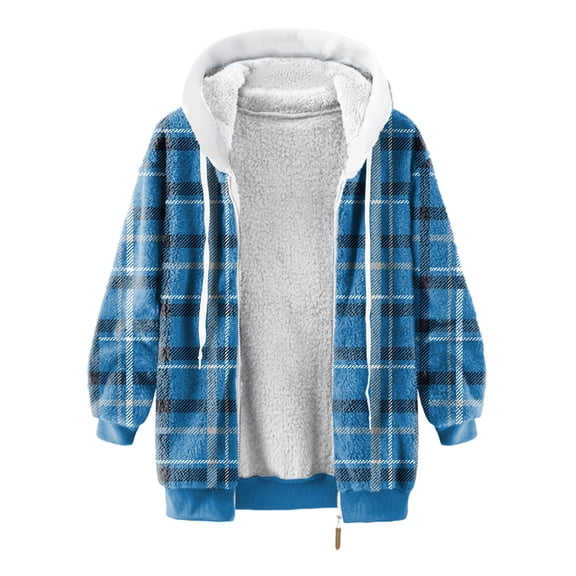 Essentials Women's Jacket Plaid Print Fuzzy Zipper Hoodie Warm Fleece Lined Padded Outwears Jackets