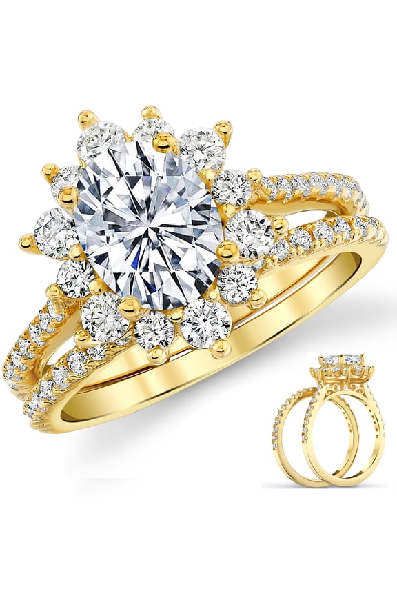 3Ct Oval Moissanite Bridal Set Vintage Victorian Halo Engagement Ring 18K Gold Plated Sterling Silver