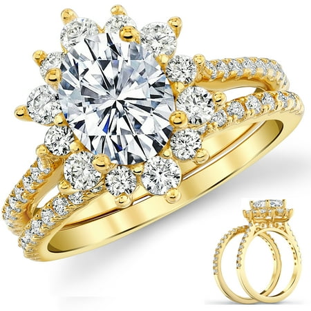 Metal Masters 3Ct Oval Moissanite Bridal Set Vintage Victorian Halo Engagement Ring 18K Gold Plated Sterling Silver