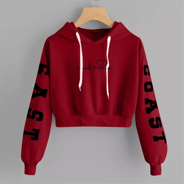 Meichang Sweat à Capuche Court à Cordon pour Femmes Manches Longues Décontracté Imprimé Lettre Mignon Chandails en Molleton Doux Automne