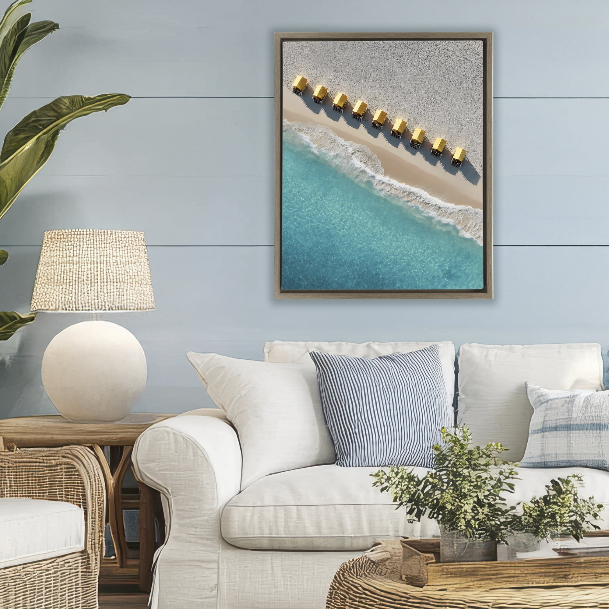 Stupell Industries Yellow Cabanas Along Shore Brown Framed Floater Canvas Wall Art, design by Franklyn Gregory