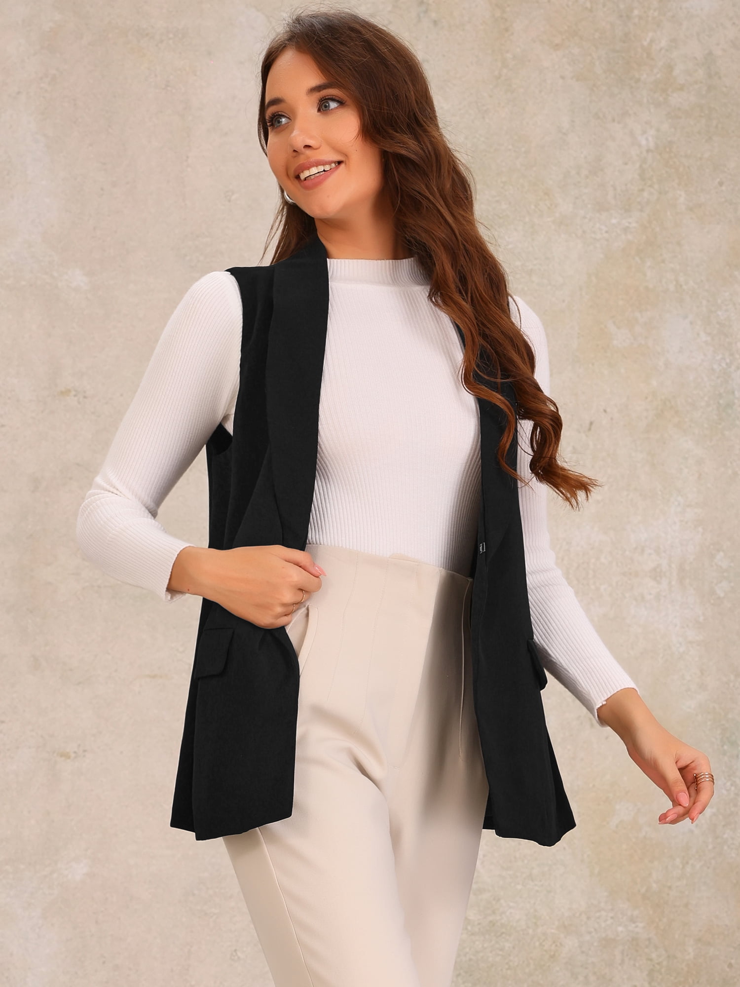 DARING DIVA Women's Shawl Collar Open Front Work Office Suit Vest Jacket S Black