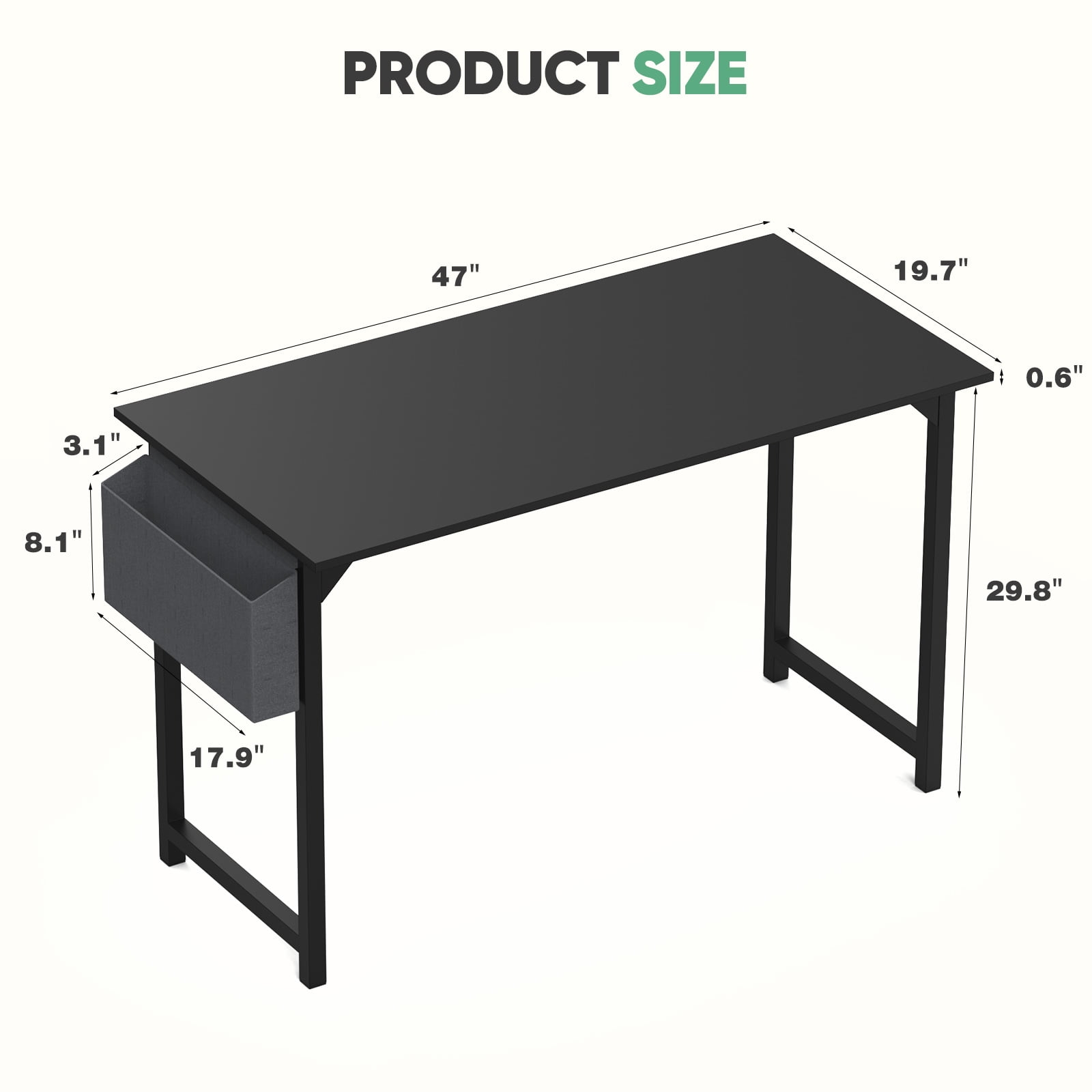 MAYEERTY 47 Inch Writing Desk with Fabric Drawers & Storage Bag, Modern Home Office Desk,Black