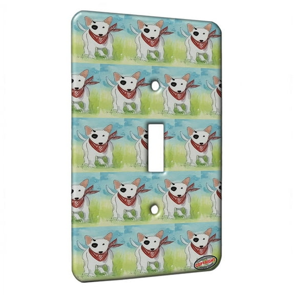 KuzmarK™ Single Gang Toggle Switch Wall Plate - Bull Terrier Puppy with Red Bandana Dog Modern Art by Denise Every