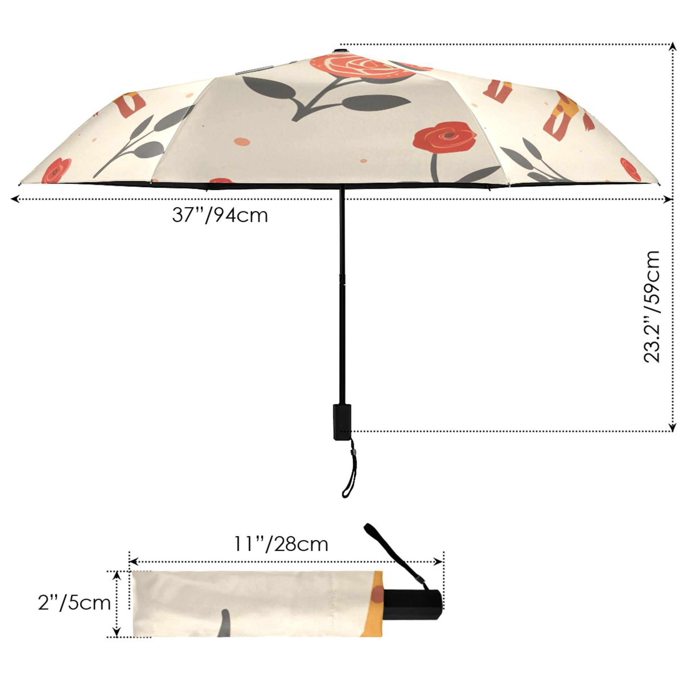 Cartoon Cute Giraffes Roses All Weather Umbrella Triple Folding Parasol 6 Ribs UV Protection Portable
