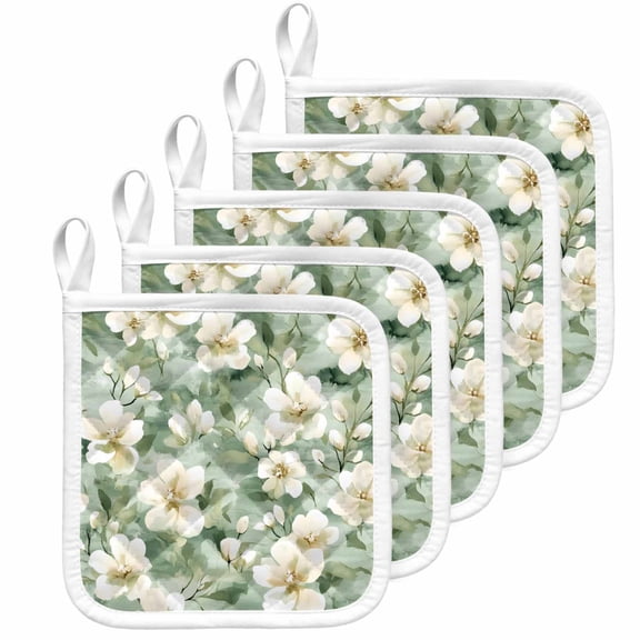 Sage Green Spring Floral Pot Holders for Kitchen Heatproof Potholder, 5 Pack Summer Botanical Farmhouse Hot Pads Multipurpose Oven Pads Cloth Potholders Trivet for Cooking Baking