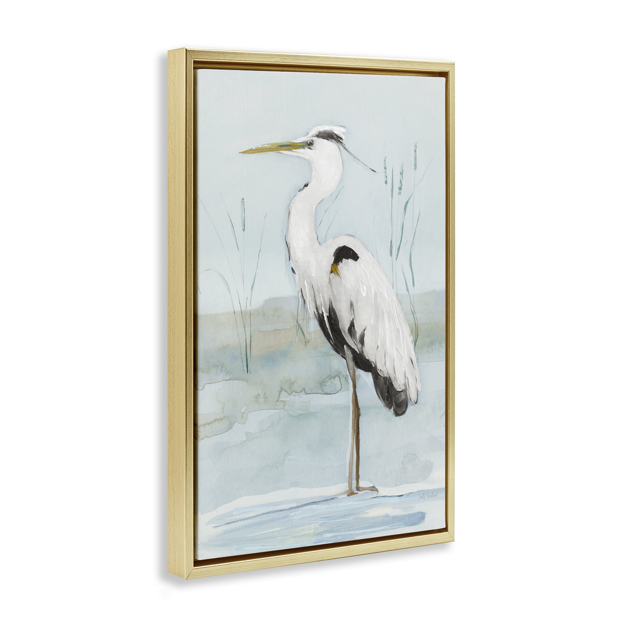 Stupell Industries Standing White Egret Animals Painting Gold Floater Framed Canvas Art Print Wall Art, 17 x 25