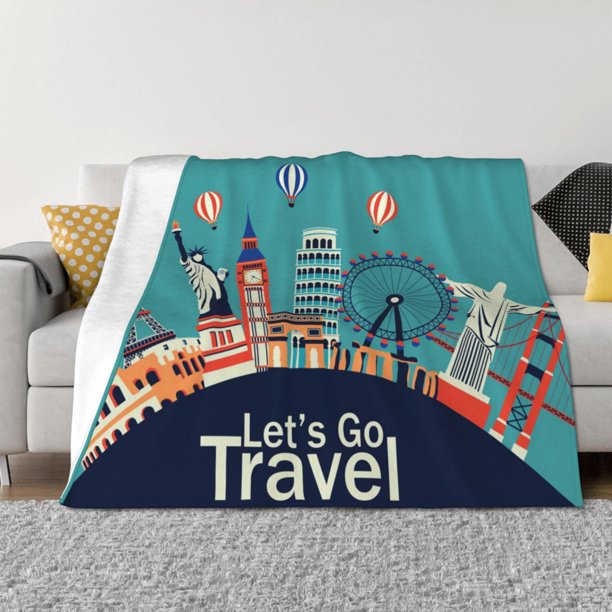 Balery Let's go Travel Manta de Franela con Dibujo, Lujo Ultra Suave y Cálido, Antipelusa y Resistente a las Arrugas para Cama, Sofá, Camping -50"x40"