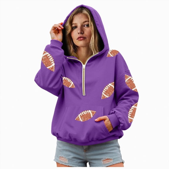 felwors Quarter-Zip Pullover Fleece Hoodie with Sequin Football Graphic Oversized Sweatshirt for Women Game Day Purple for Size XXXL
