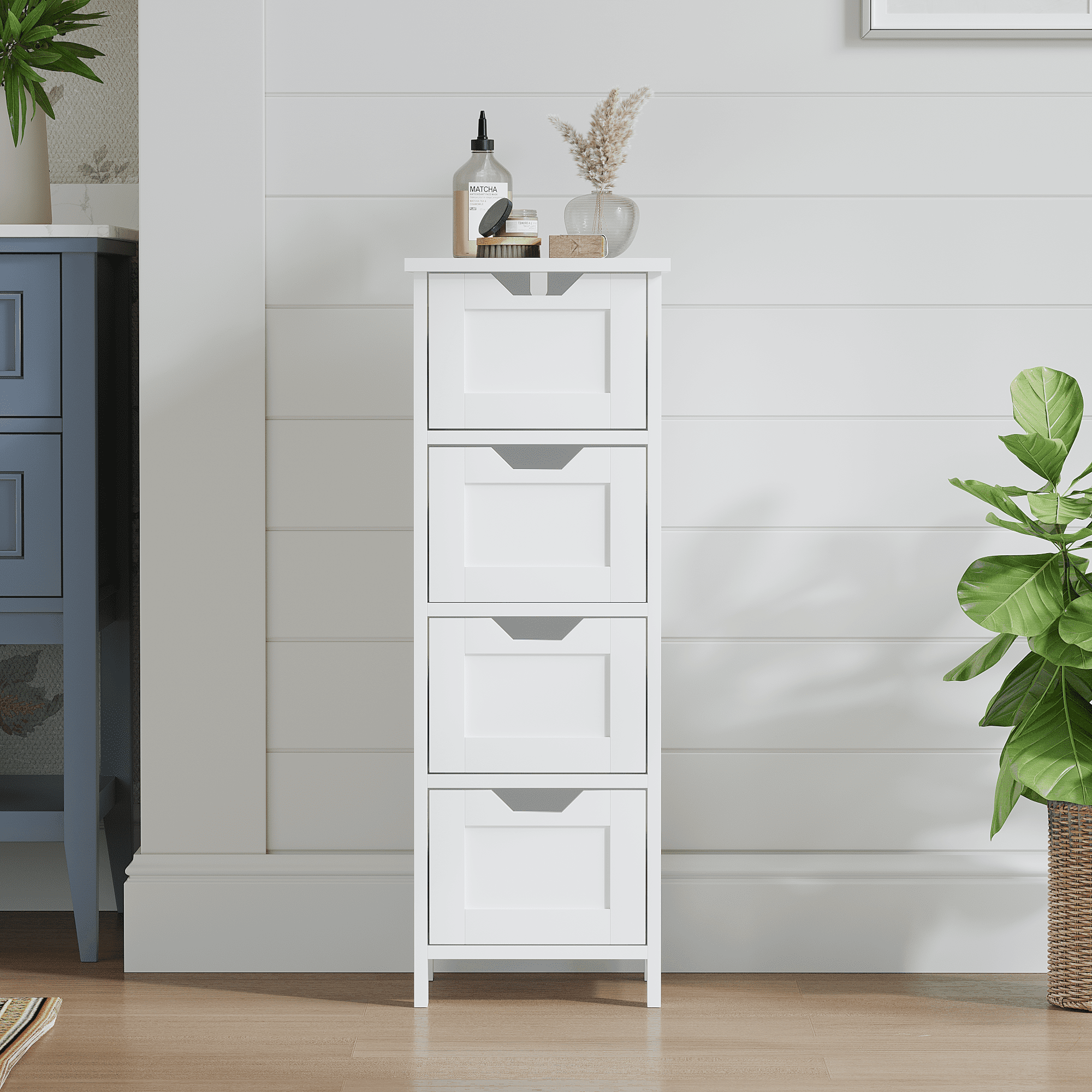 Bathroom Floor Cabinet with 4 Drawers, Freestanding Wooden Storage Organizer for Bathroom, Hallway or Living Room, Narrow White Side Cabinet with Space-Saving Vertical Design, White
