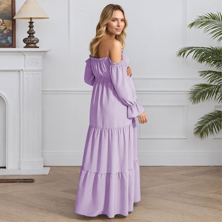 bohemian maternity maxi dress Gyujnb Lightweight Flowy Boho Tiered Off Shoulder Ruffle Neck Long Bubble Flare Sleeve Smocked High Waist Elegant Gown for Pregnancy Photoshoot,M SEPT-25