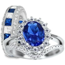 LaRaso & Co His Hers TRIO Wedding Rings Set Silver Blue Sapphire CZ Bridal Band Engagement Ring Men Women