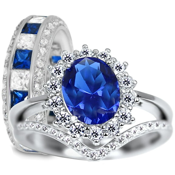 LaRaso & Co His Hers TRIO Wedding Rings Set Silver Blue Sapphire CZ Bridal Band Engagement Ring Men Women