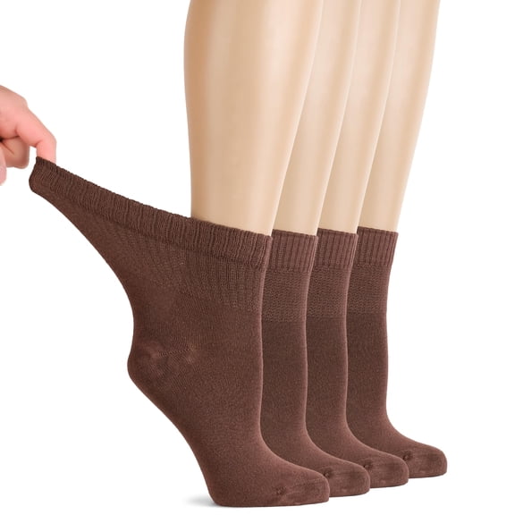 Hugh Ugoli Diabetic Socks for Women, Super Soft & Thin Ankle Socks, Wide & Loose, Non-Binding Top & Seamless Toe, 4 Pairs, Light Brown, Shoe Size: 10-12