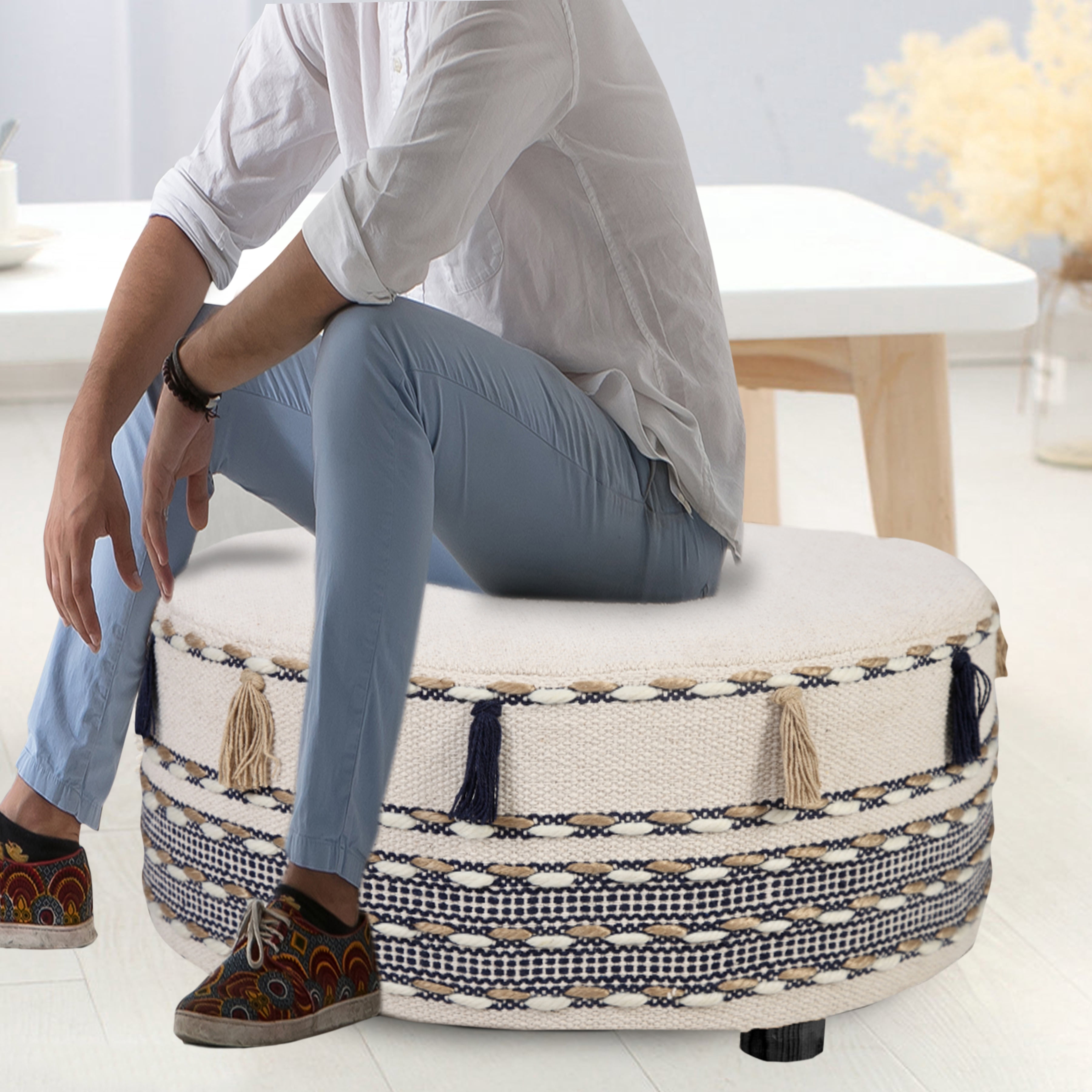 Ox Bay Handmade Striped Organic Cotton Ottoman, Blue/ Cream