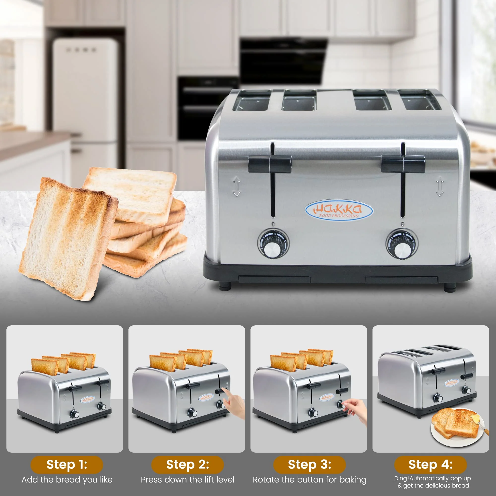 Hakka 4-Slice Commercial Toaster 1800W Stainless Steel with 1.5-Inch Wide Slots and 2 Crumb Trays