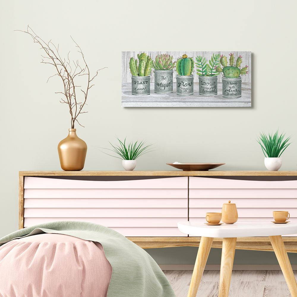 Stupell Industries Succulent and Cactus Jars with Plant Life Puns Canvas Wall Art Design by Cindy Jacobs, 13" x 30"