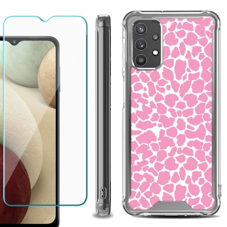Shockproof Bumper Phone Case for Samsung Galaxy A32 5G with Tempered Glass Screen Protector by OneToughShield ® - Giraffe/Pink