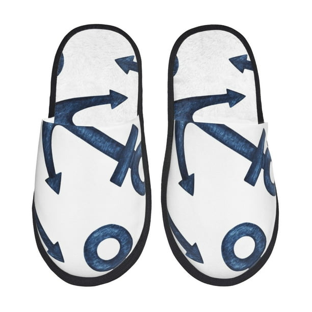 Fotbe Navy Blue Anchor Pantuflas Peludas para Mujer con Estampado, Zapatillas de Peluche, Zapatos de Invierno para Casa, Uso Interior y Exterior-Medium