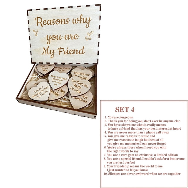 Caja de Madera de La Amistad, Regalo de Recuerdo En Forma de Corazón, Mensaje Personalizado y Considerado, Incluye 10 Corazones de Madera, Ideal para Cumpleaños, Agrade Cimientos o Bodas, Set de Rega