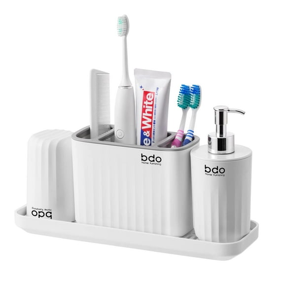 Subekyu Plastic Toothbrush Holder, Bathroom Organizer Countertop, Bathroom Counter Asseccories Storage Set with Tumbler