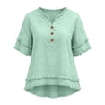 thumbnail image 5 of Womens Fringe Boho Tops Casual Cotton Linen Distressed V Neck Shirts Short Sleeve Gauze Blouses Raw Edge Hem Mint Green S, 5 of 7