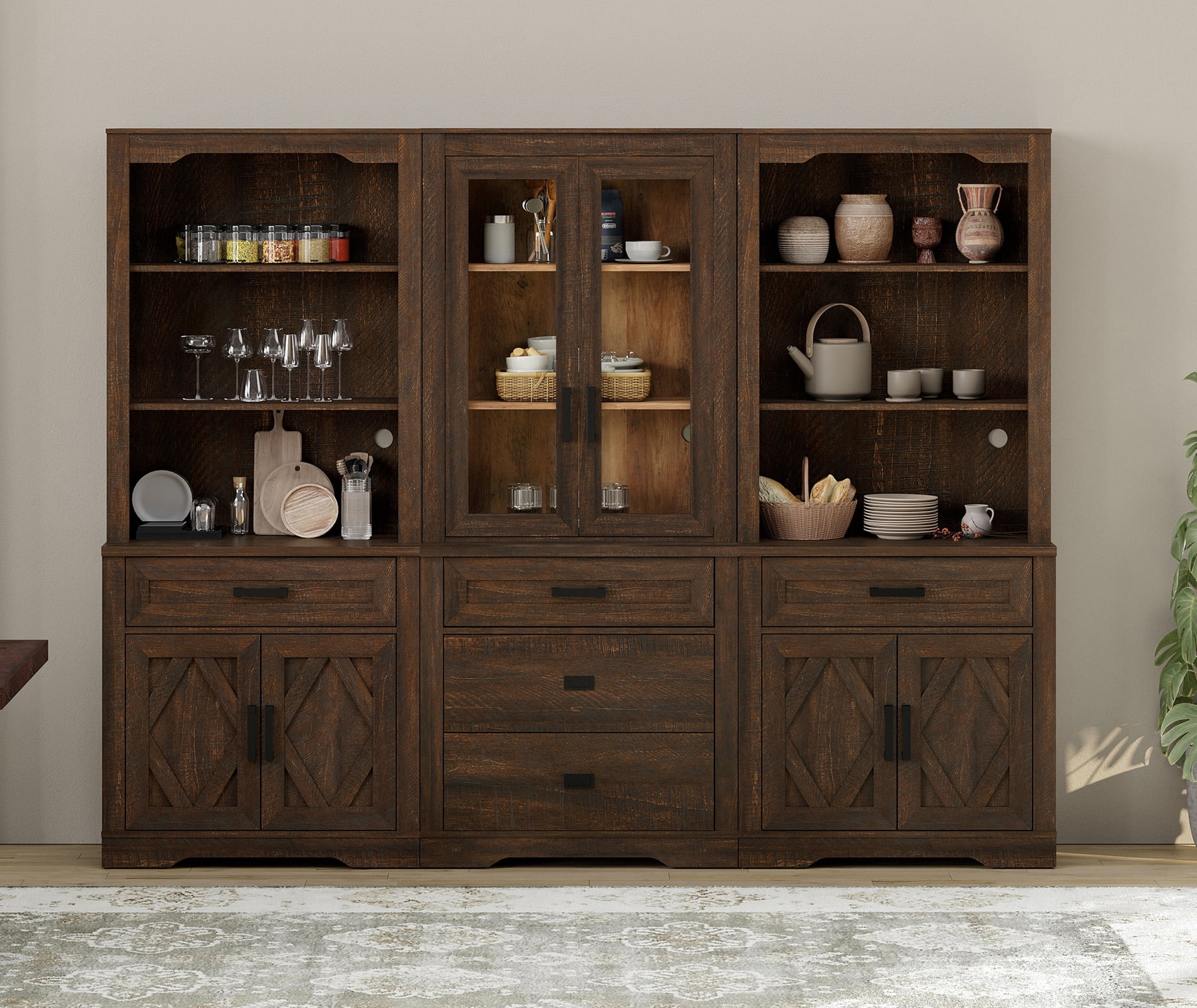 WAMPAT Modern Farmhosue 3-Column BookShelf Set,5 Tier Book Shelf with Open Storage and Glass Doors,73"H Tall Wood Bookcase with Storage Cabinet and Drawers for Study,Bedroom,Living Room,Rustic Brown