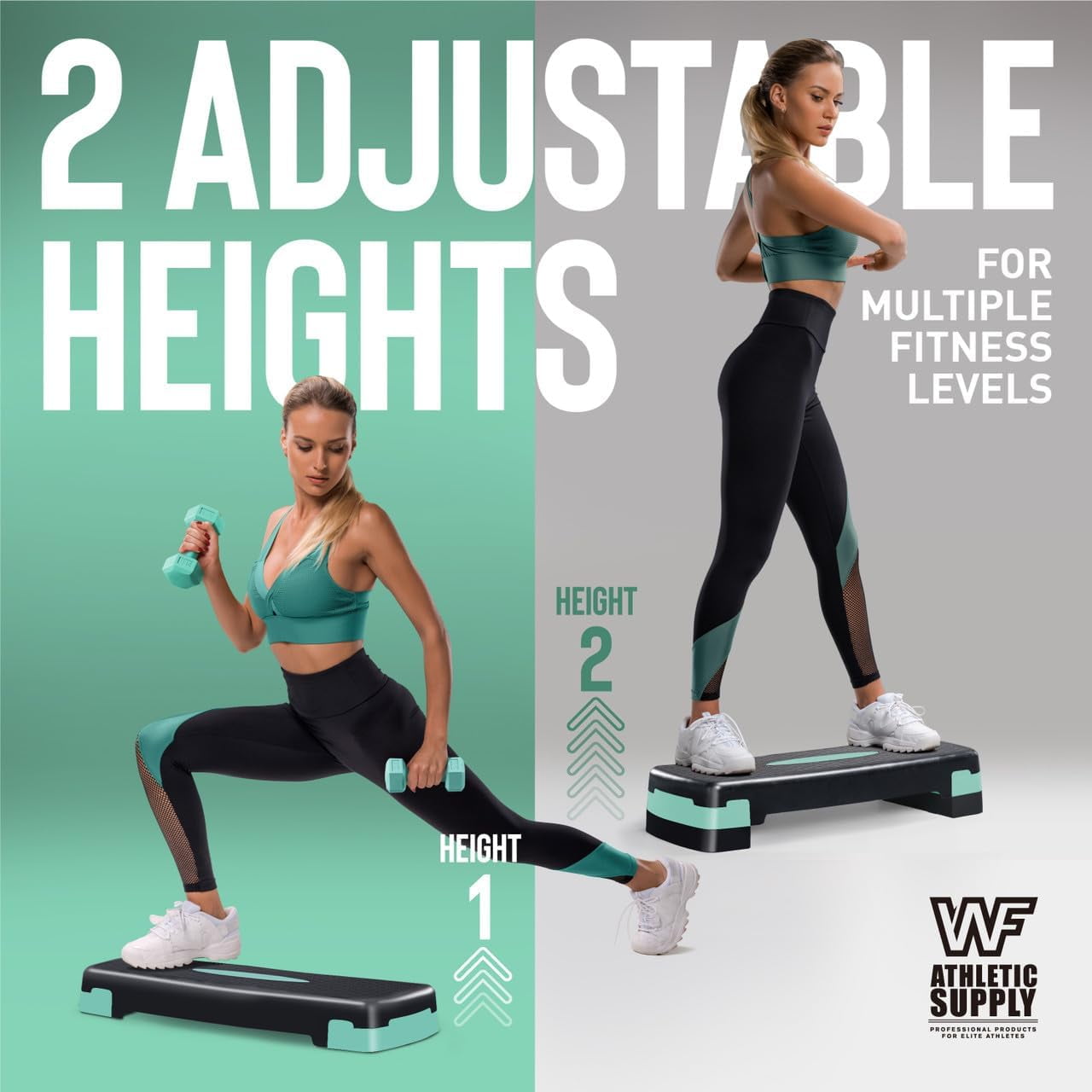 WF Athletic Supply Aerobic Stepper Set with Dumbbells & Measuring Tape, Adjustable Height 2 Level Risers Workout Exercise Step Platform Trainer for Home Gym Exercise Fitness Workout, Green