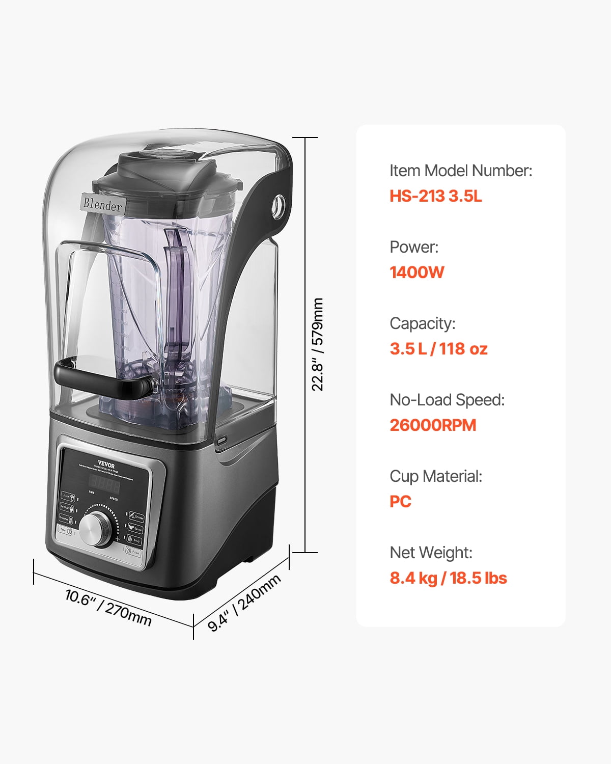 VEVOR Blender for Smoothies, 135 oz 1400W, Professional Blender with Powerful Motor, Multi-Functional Food Processing Blender with Noise Cover for Smoothie/Milkshake/Juice, Fits for Kitchen