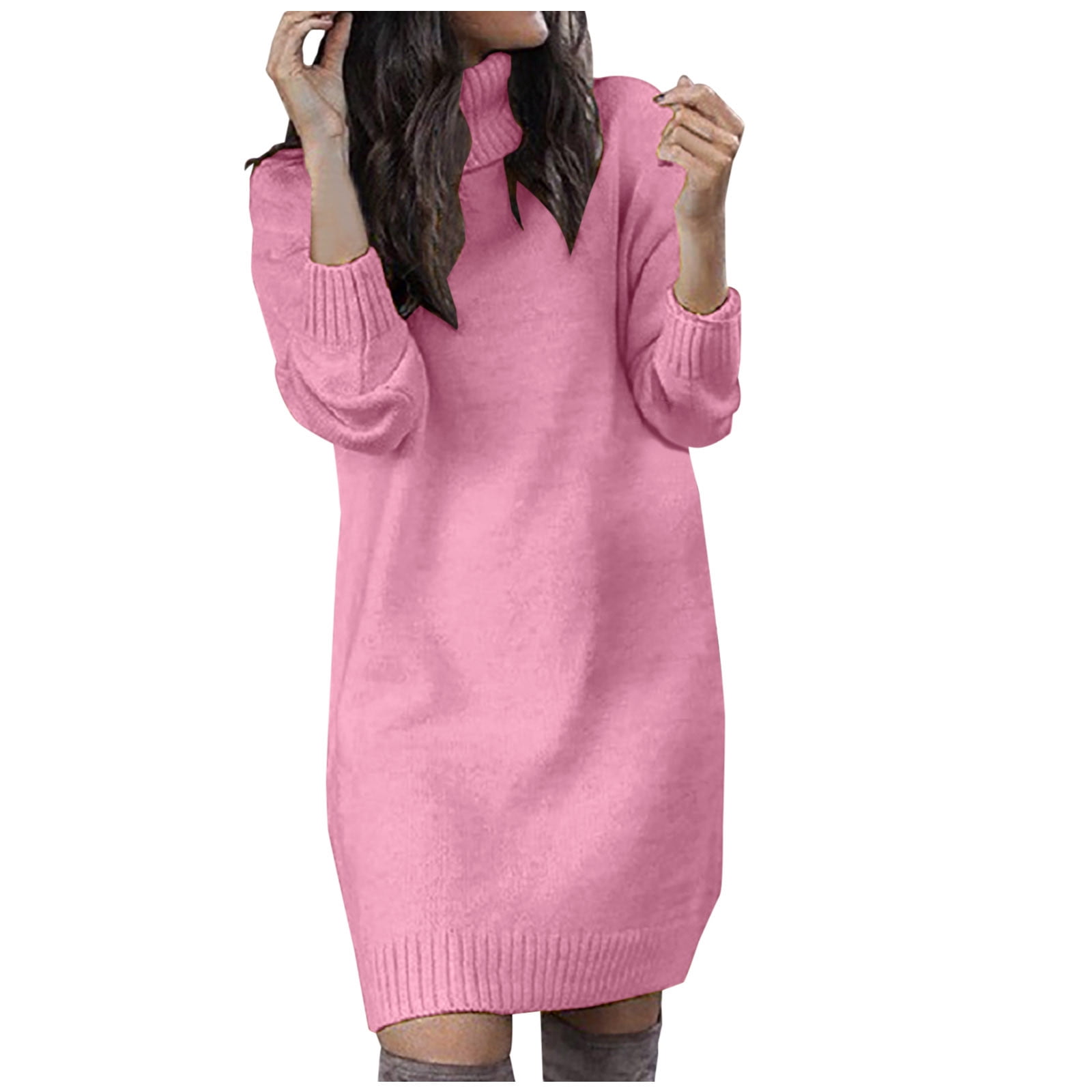 OSFVNOXV Turtleneck Sweater Dress for Women Long Sleeve Ribbed Knit Shirt Straight Leg Soft Cozy Pullover Mini Dress,S-3XL