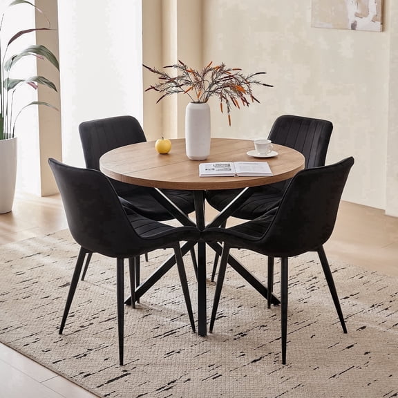 39" Round Dining Table Set for 4, Mid Century Kitchen Table with 4 Black Upholstered Dining Chairs for Apartment Living Room Space Saving,Brown Table