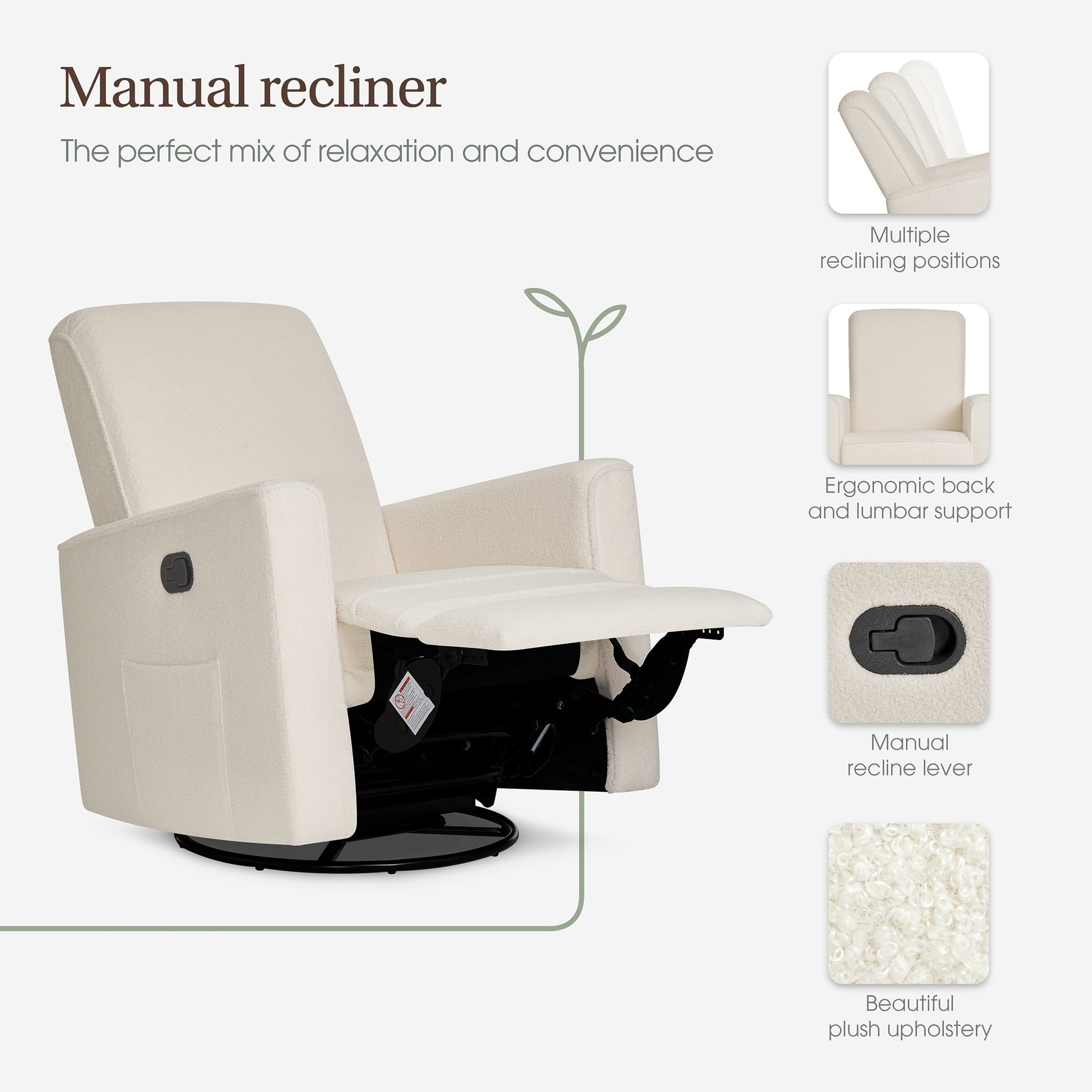 Evolur Raleigh Basic Glider |Recliner| Rocker, Plush Ivory