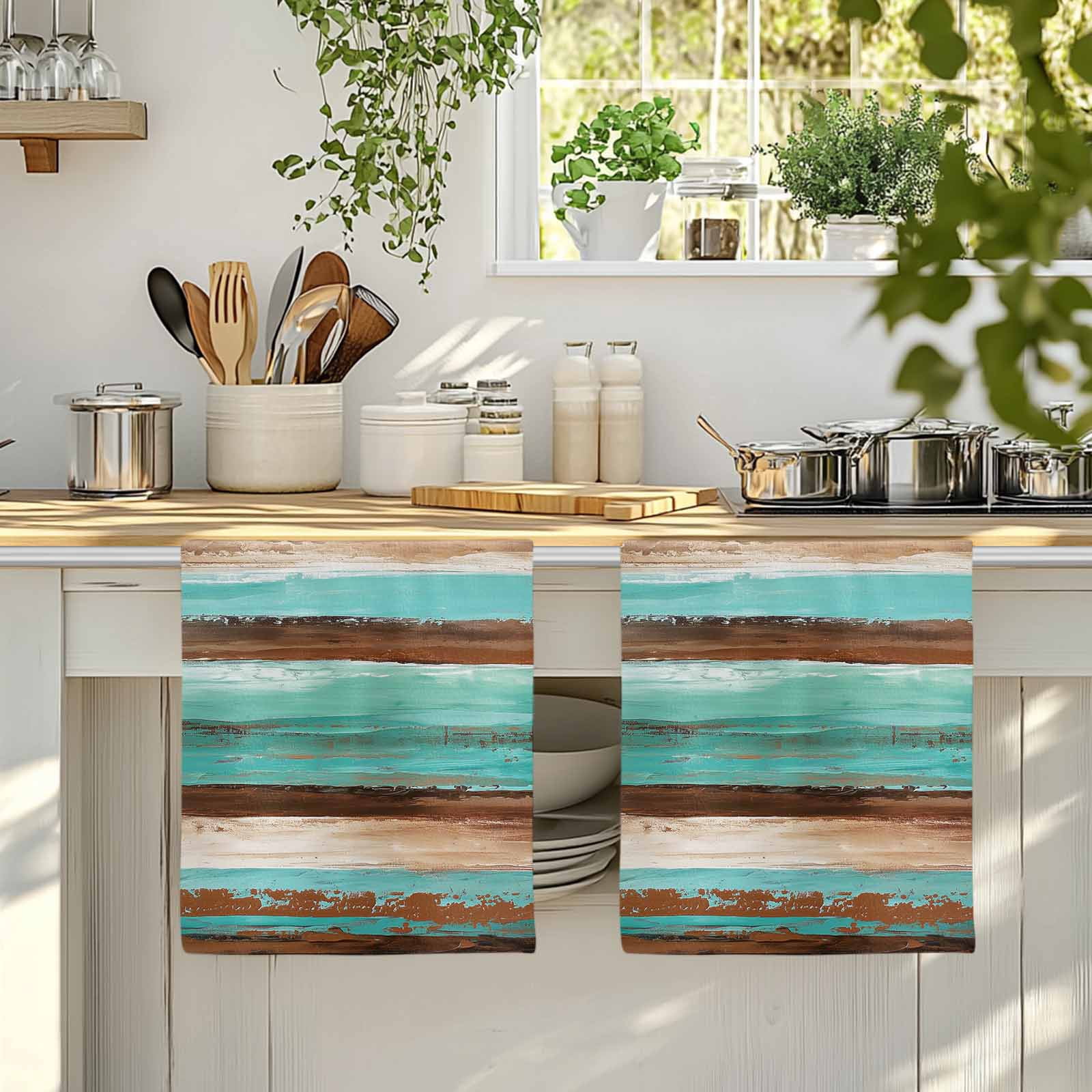 Turquoise Brown Kitchen Towels Set of 3, Watercolor Modern Abstract Striped Absorbent Dish Towels for Kitchen, Microfiber Hand Towel, Quick Drying Tea Towel for Cleaning Decorative Dishcloths