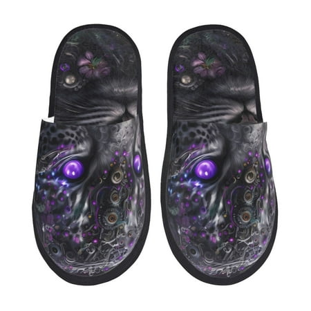 Balery Purple-Eyed Floral Leopard Slient Indoor Furry Fleece Comfort House Shoes Soft Non-Slip Home Shoes Cotton slippers House Slippers-- Large