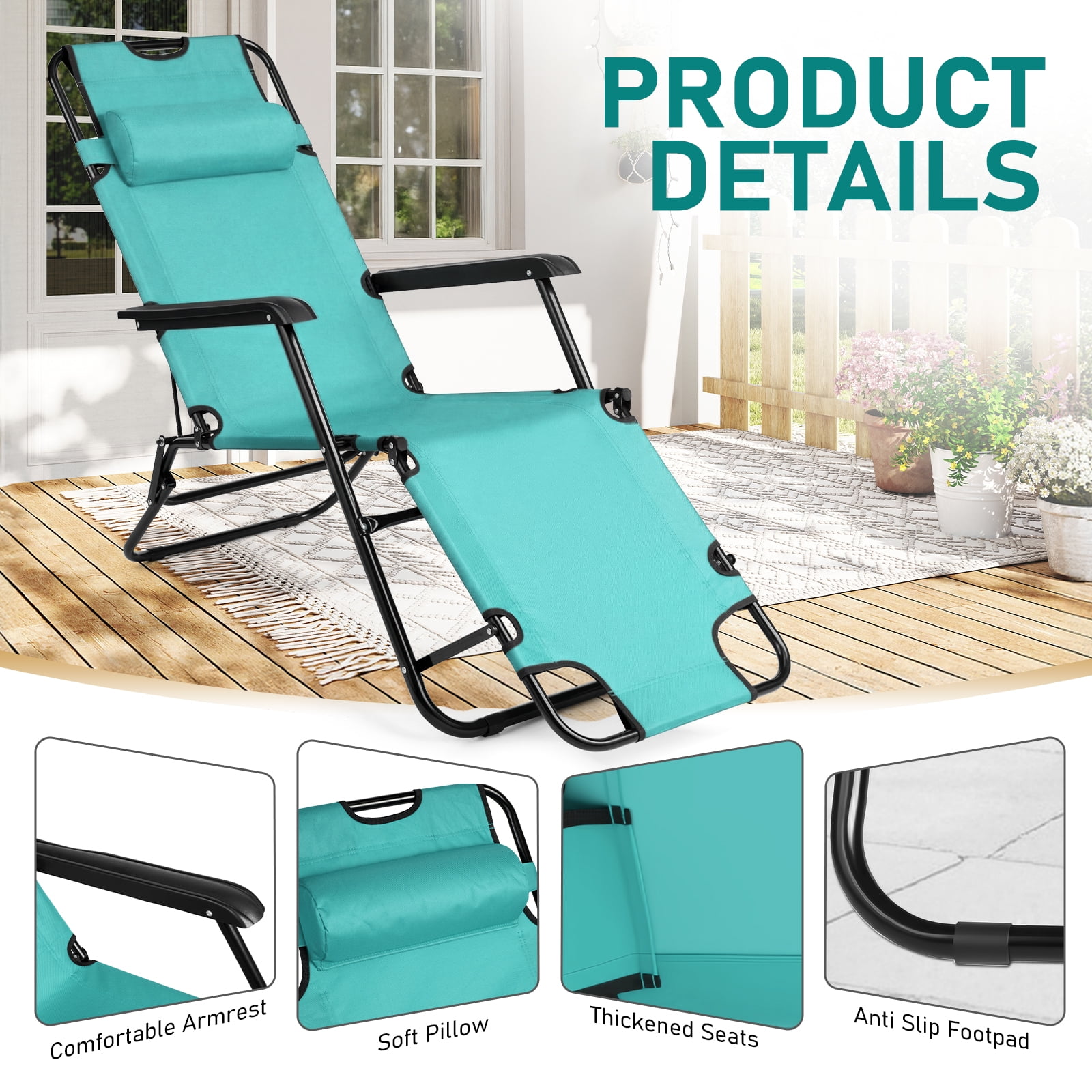 UBesGoo 2-Position Adjustable Backrest Chaise Chair, Lightweight Tanning Chair with Pillow, Sun Recliner for Indoor Outdoor - Light Green