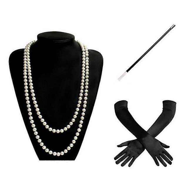 Conjunto de disfraz de Charleston estilo Flapper de los años 20, vestido elegante, collar, guantes y soporte de plástico.