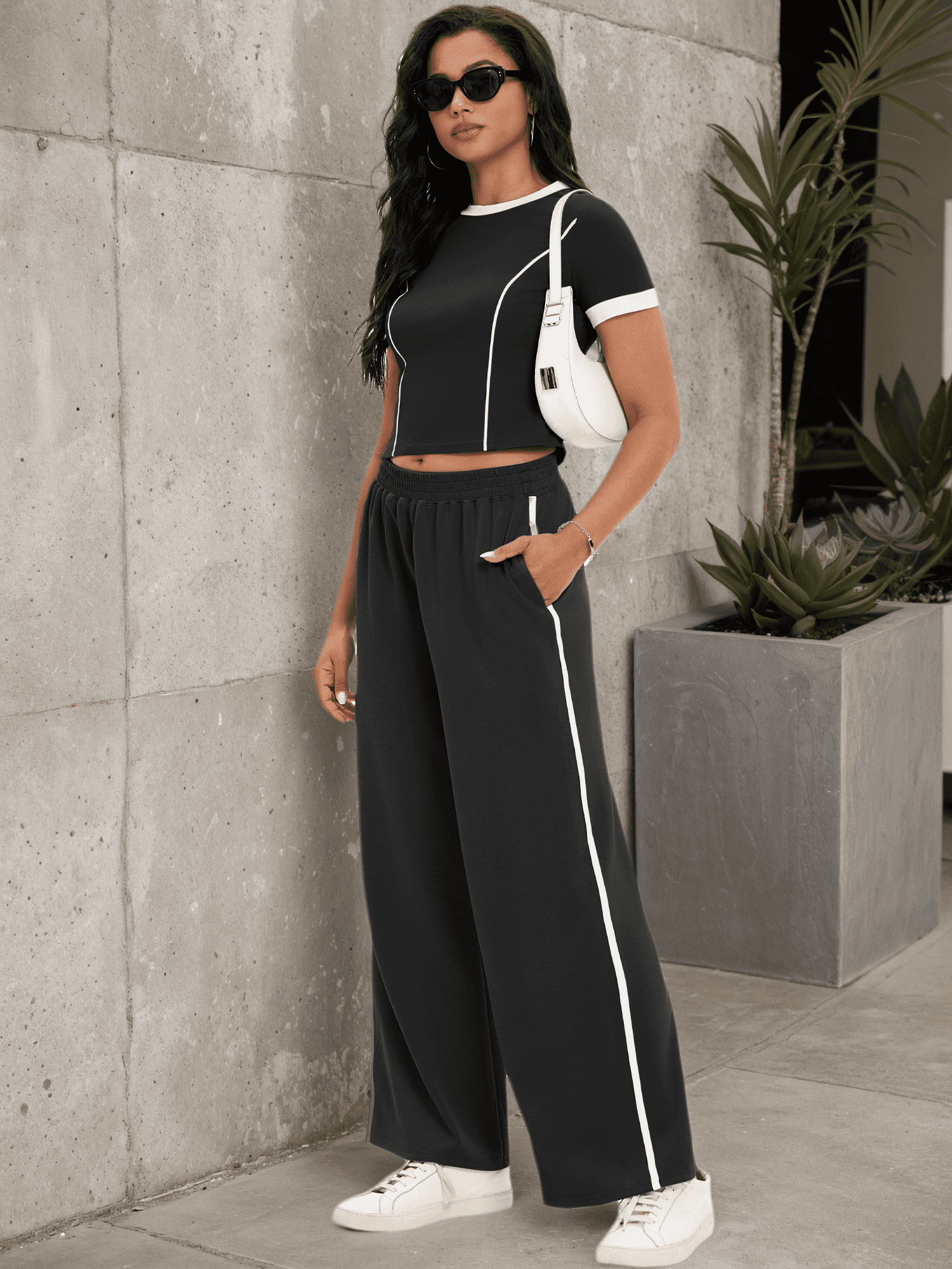 DARING DIVA Women 2 Pieces Set Crop Tops Wide Leg Pants Fall Outfits XL Black