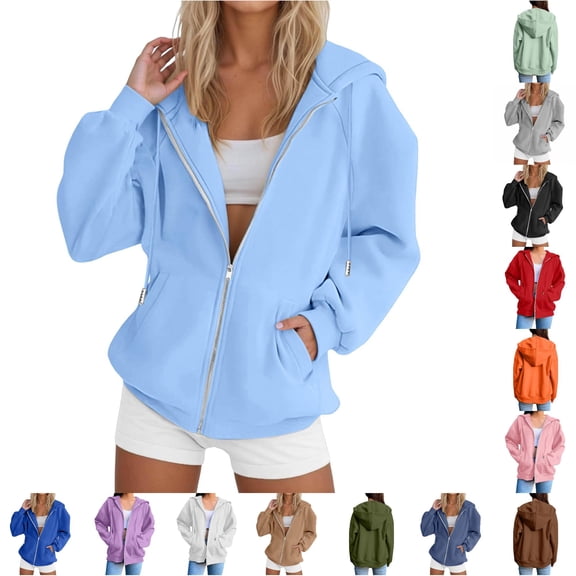 Zip Up Hoodie Women Oversized Y2K Casual Long Sleeve Zipper Oversized Fall Fleece Jacket with Pockets
