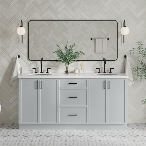 Ariel Kelly 73 Inch Double Oval Sink Bathroom Vanity With Pure White Quartz Countertop 1.5 Inch Edge In Grey