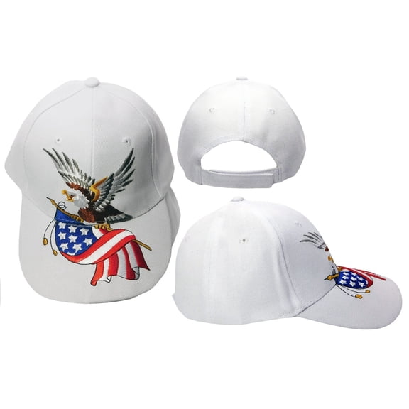USA American Wavy Flag Bald Eagle White Embroidered Adjustable Baseball Hat Cap